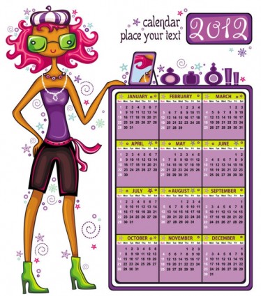 cô gái phim hoạt hình 2012 calendar véc tơ