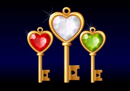 3 Gold Diamond Heartshaped Key Vector
