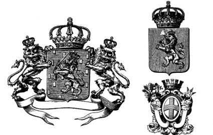 3 Heraldik-Wappen mit Kronen Löwen Banner
