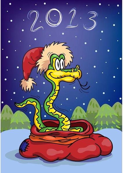 2013 tahun baru kartu ular mengenakan topi santa vektor