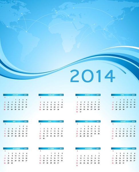calendario 2014 con immagine vettoriale mappa di mondo blu
