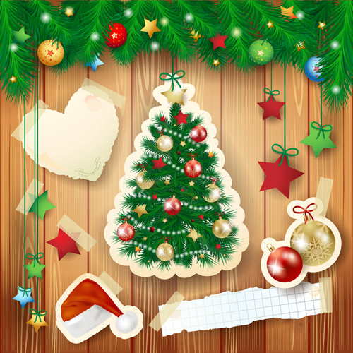 2014 Christmas Baubles And Wooden Background Set