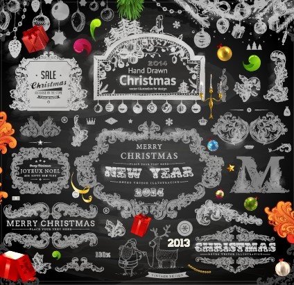 2014 Natal hitam dekorasi dan label vektor