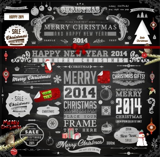 2014 Natal hitam dekorasi dan label vektor
