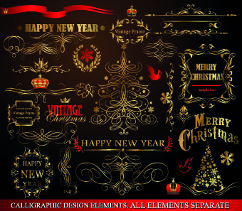 elementos de decoração caligráfica ouro Natal 2014 vector