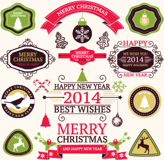 2014 クリスマス ラベル リボンし、つまらないもの装飾品のベクトル