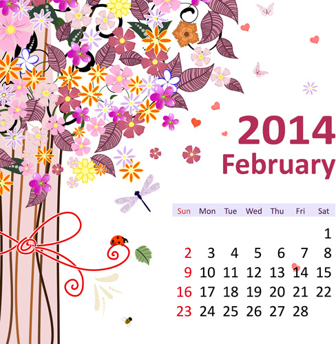 2014 floral Kalender Februar Vektor
