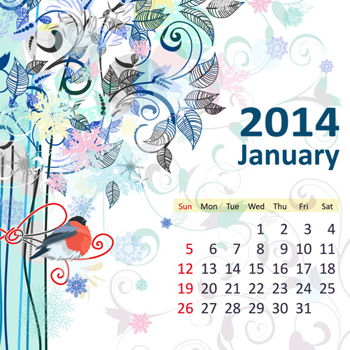 2014 floral Kalender Januar Vektor