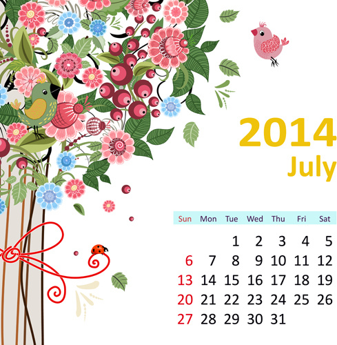 2014 floral Kalender Juli Vektor