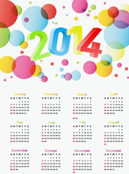 ilustracja wektorowa 2014 roku kalendarz kolorowy