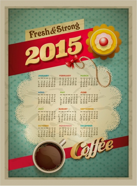 2015 ปฏิทินออกแบบแม่แบบเวกเตอร์ถ้วยกาแฟและขนมเค้ก...