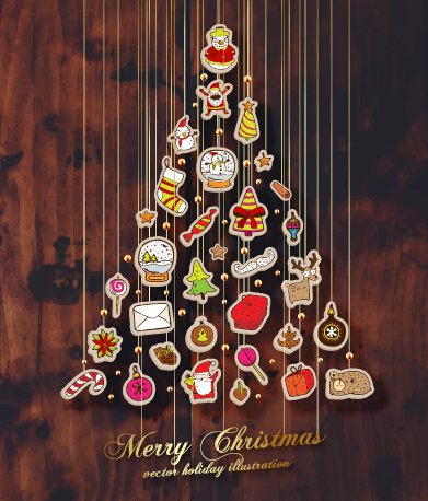 2015 году рождественские безделушки с вектором темное дерево фона
