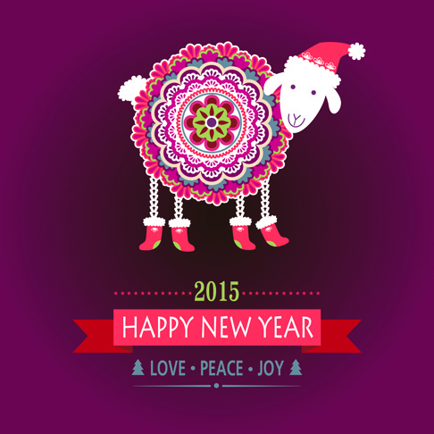 cartão de ano novo de 2015 com vetor floral ovelhas
