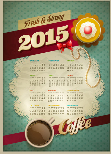 2015 ビンテージ コーヒー ベクトル カレンダー