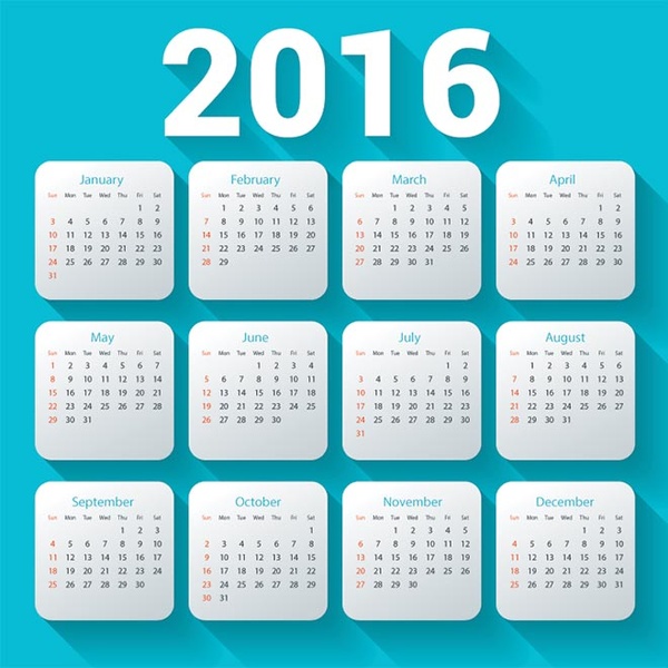 2016 Calendar Template Blue Shadow Month Card