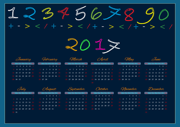 2017 kalender desain dengan huruf-huruf berwarna-warni kapur