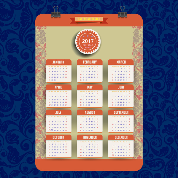 2017 kalender desain dengan gaya tradisional