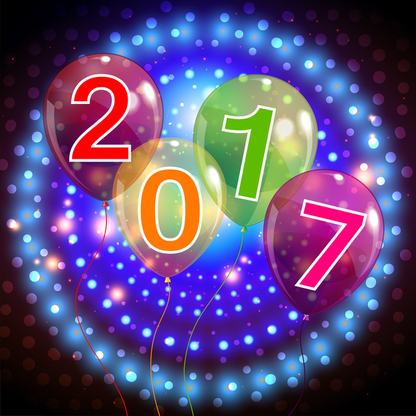 fundo de ano novo de 2017 com balões e fogos de artifício