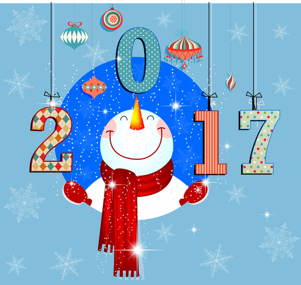 fundo de ano novo de 2017 com ilustração engraçado boneco de neve