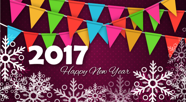 2017-Neujahr-Vorlage mit Schneeflocken und Flaggen