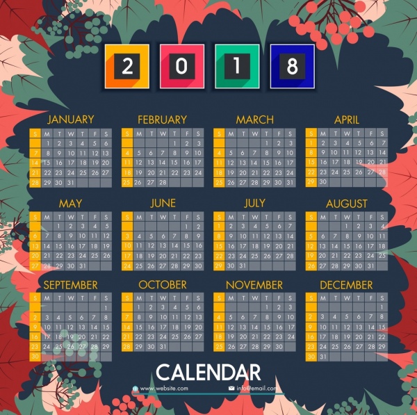2018 lịch nền đầy màu sắc trang trí lá hoa quả.