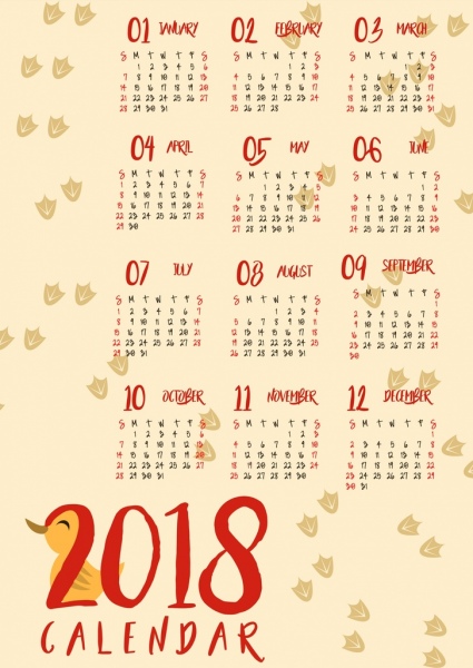 2018 Kalender Hintergrund Ente Fußabdrücke Symbole entwerfen