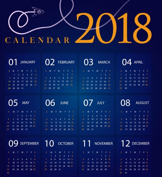 2018 calendario design blu scuro decorazione astronave icona