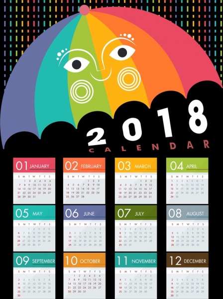 Дизайн календаря 2018 стилизованные красочный зонтик значок