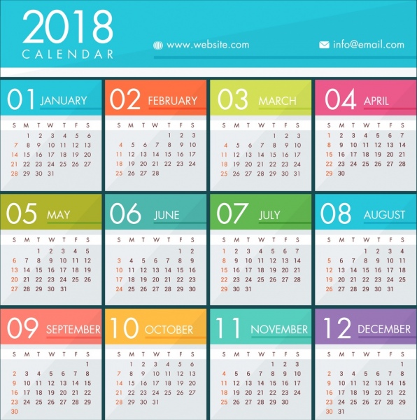 2018 lịch tháng sáng màu sắc mẫu thiết kế hiện đại.