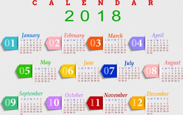 2018 kalender template desain modern cerah warna-warni