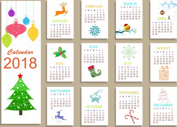 2018 kalender template ikon Natal dekorasi