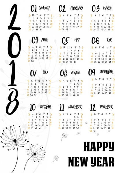 2018 calendario plantilla Dandelion icono decoracion