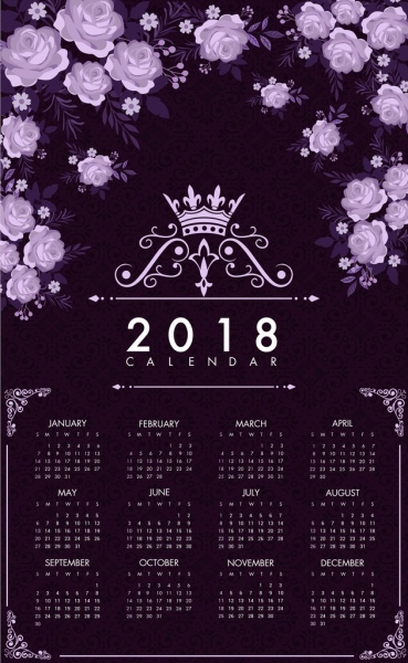 2018 Kalender Vorlage dunkel violetten Dekor Rosen Symbole