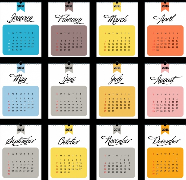 2018 kalendarz wzór płaska, o prostokątnym kształcie sekcji izolacji