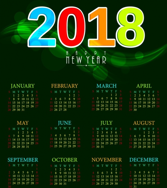 2018年のカレンダーテンプレート緑のピンぼけの背景にカラフルな番号