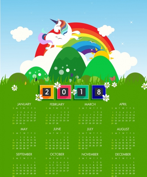 2018 calendario plantilla Verde Decoracion Rainbow Horse iconos