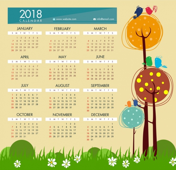2018 kalender template tangan ditarik gaya kartun