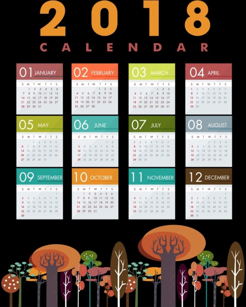 2018 kalender template warna-warni pohon ikon dekorasi