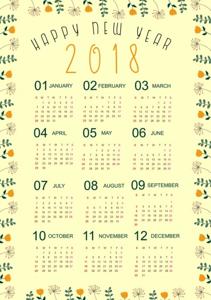 2018 التقويم قالب زهور طبيعية ديكور الحدود