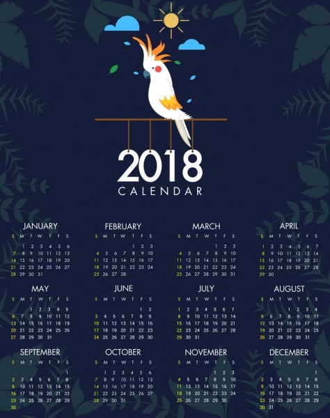 2018 Takvim şablonu papağan simgesi bitkiler dekorasyon skeç
