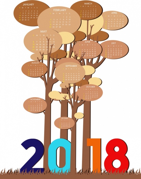 2018 calendário modelo ícones de árvore decoração design geométrico
