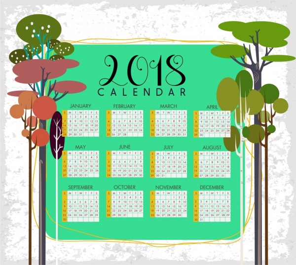 2018 calendario template albero icone decorazione