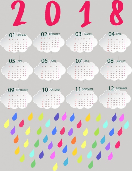 2018 kalender template gaya cuaca hujan awan ikon