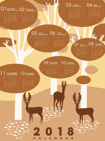 2018 calendario plantilla Wild Forest background renos iconos