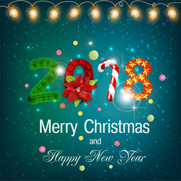 illustrazione di cartolina di Natale 2018 con luminoso del bokeh