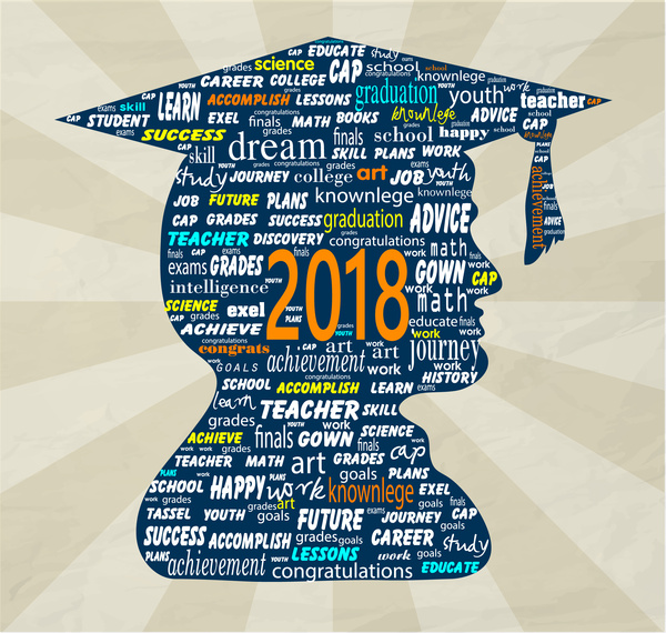 2018 Graduierung Banner mit Texten Anordnung und silhouette
