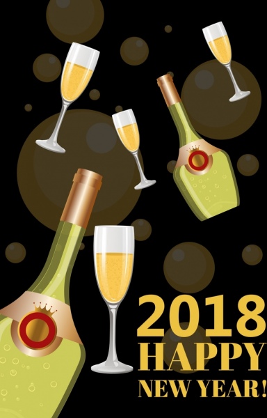 2018 anno nuovo banner bottiglia di champagne vetro icone