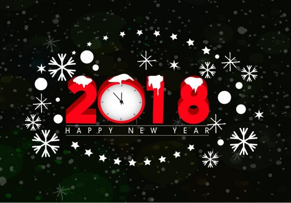 2018, año nuevo reloj de los copos de nieve iconos decoracion banner