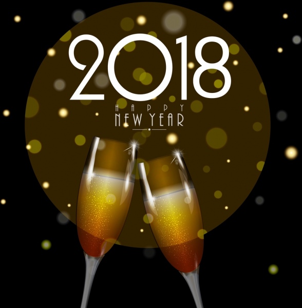 2018 新年バナー ワイングラス アイコン ボケ背景