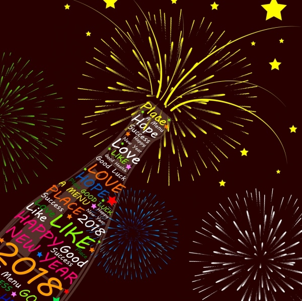 bottiglia di vino di poster di 2018 capodanno decorazione di fuochi d'artificio